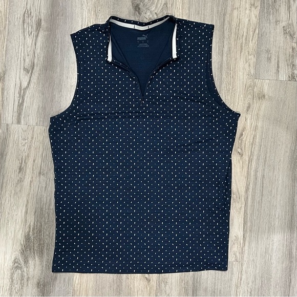 Puma Sleeveless Golf Shirt Navy Speckled Dots 1/4 Zip Pocket Stretch Size L - Picture 1 of 10